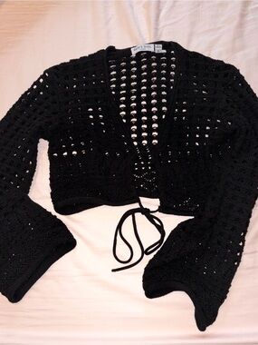 Brave Soul Black Crochet Tie-Front cropped Sweater